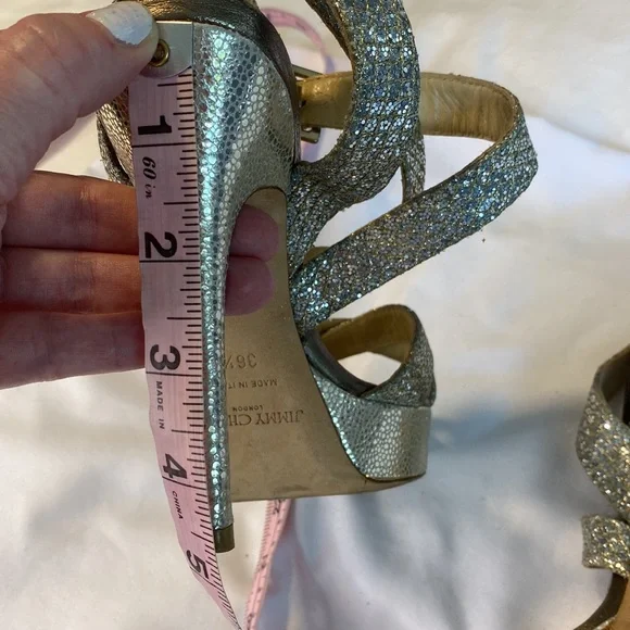 Jimmy Choo Silver Glitter Platform Stiletto Strappy Sandals - Picture 12 of 13